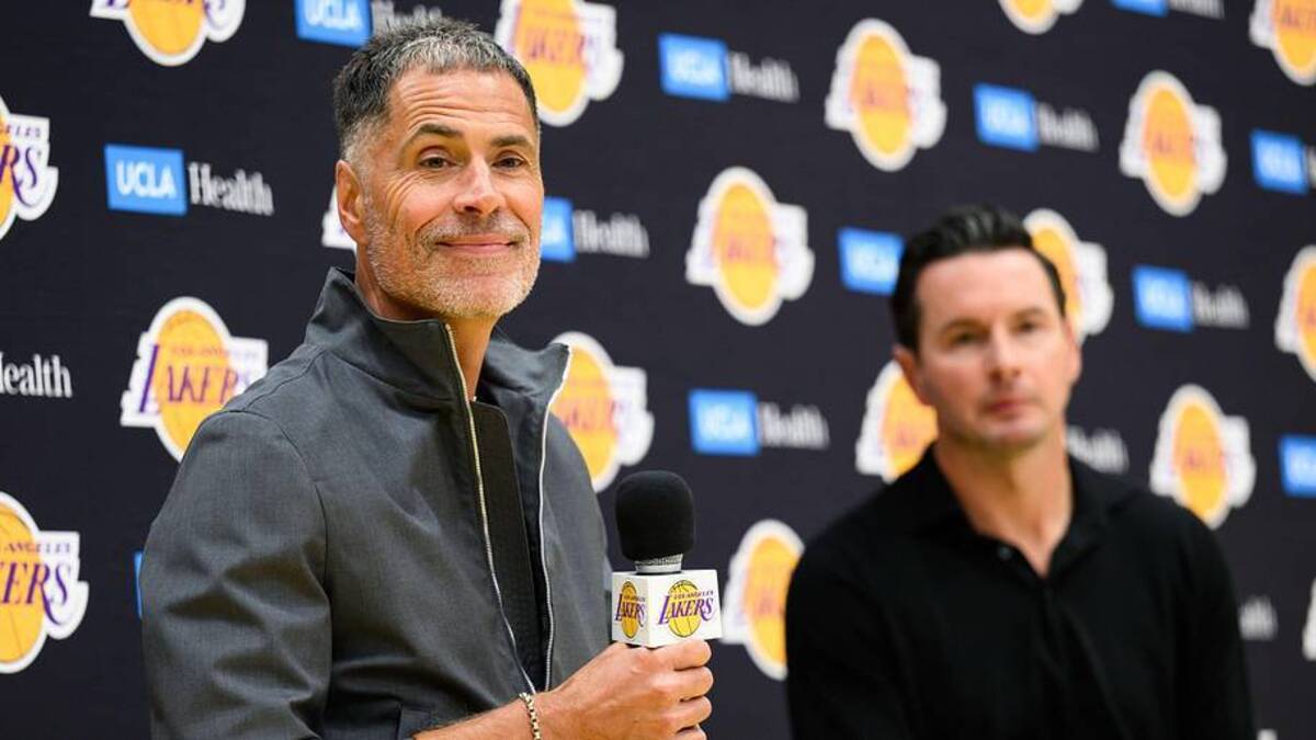  Sep 25, 2025; El Segundo, CA, USA; Los Angeles Lakers general manager Rob Pelinka, left, speaks during a press conference to preview the 2025-26 season at UCLA Health Training Center. Mandatory Credit: William Liang-Imagn Images | William Liang-Imagn Images 