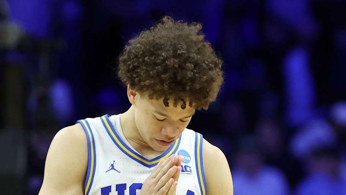  Mar 20, 2026; Philadelphia, PA, USA; UCLA Bruins guard Trent Perry (0) reacts after defeating the UCF Knights during a first round game of the men's 2026 NCAA Tournament at Xfinity Mobile Arena. Mandatory Credit: Bill Streicher-Imagn Images | Bill Streicher-Imagn Images 