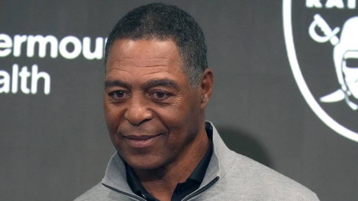  Feb 10, 2026; Henderson, NV, USA; Marcus Allen at Las Vegas Raiders press conference at Intermountain Health Performance Center. Mandatory Credit: Kirby Lee-Imagn Images | Kirby Lee-Imagn Images 