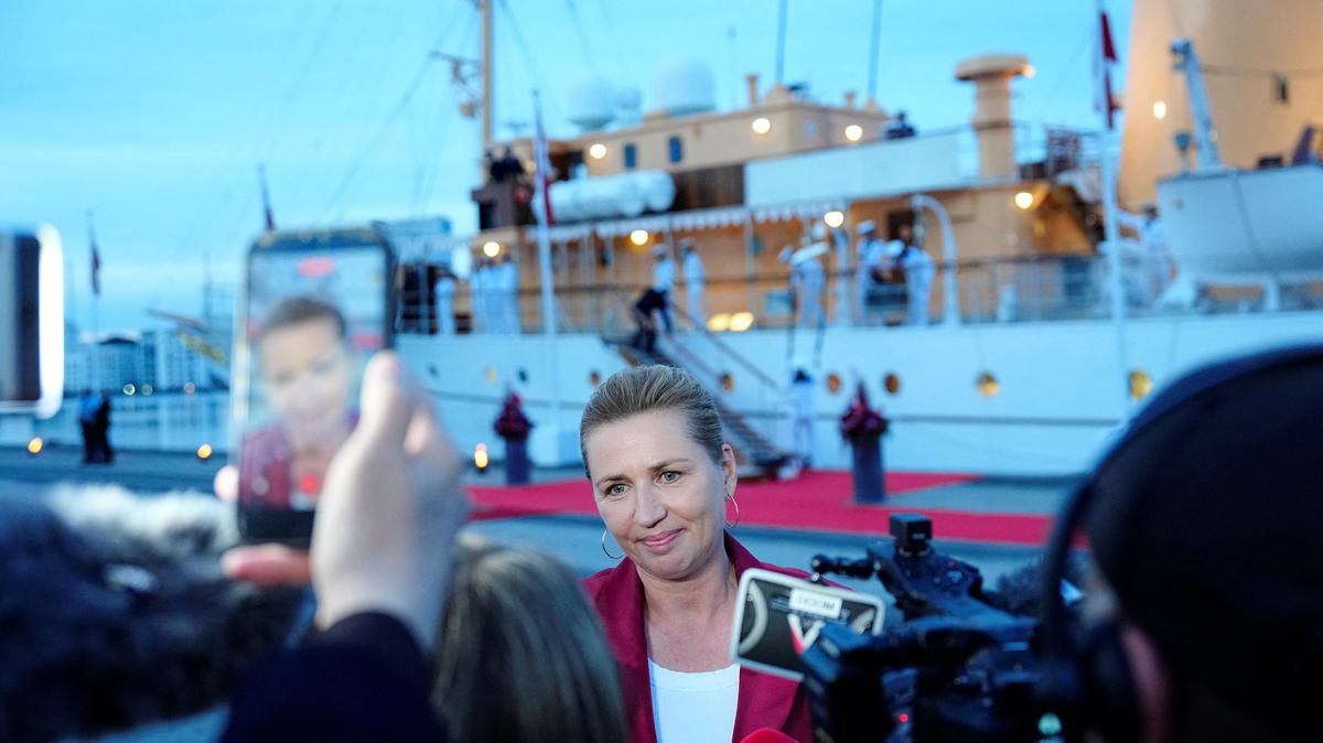 Denmark's acting Prime Minister Mette Frederiksen speaks to the media near the royal yacht Dannebrog, docked at Odense Harbor, Denmark, June 1, 2026. Sebastian Elias Uth/Ritzau Scanpix/via REUTERS