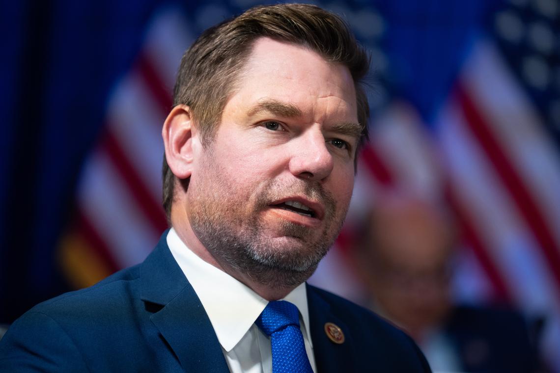  Then-Representative Eric Swalwell speaks at the U.S. Capitol on January 6, 2026. 