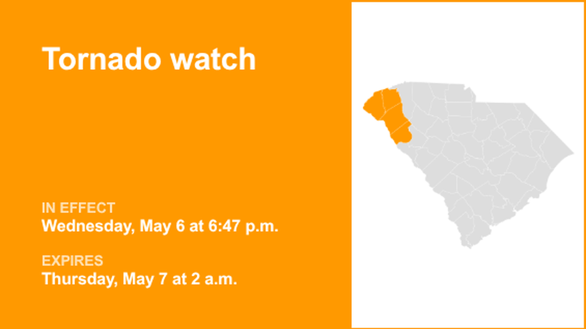 Upstate SC placed under a tornado watch until 2 a.m. Thursday 