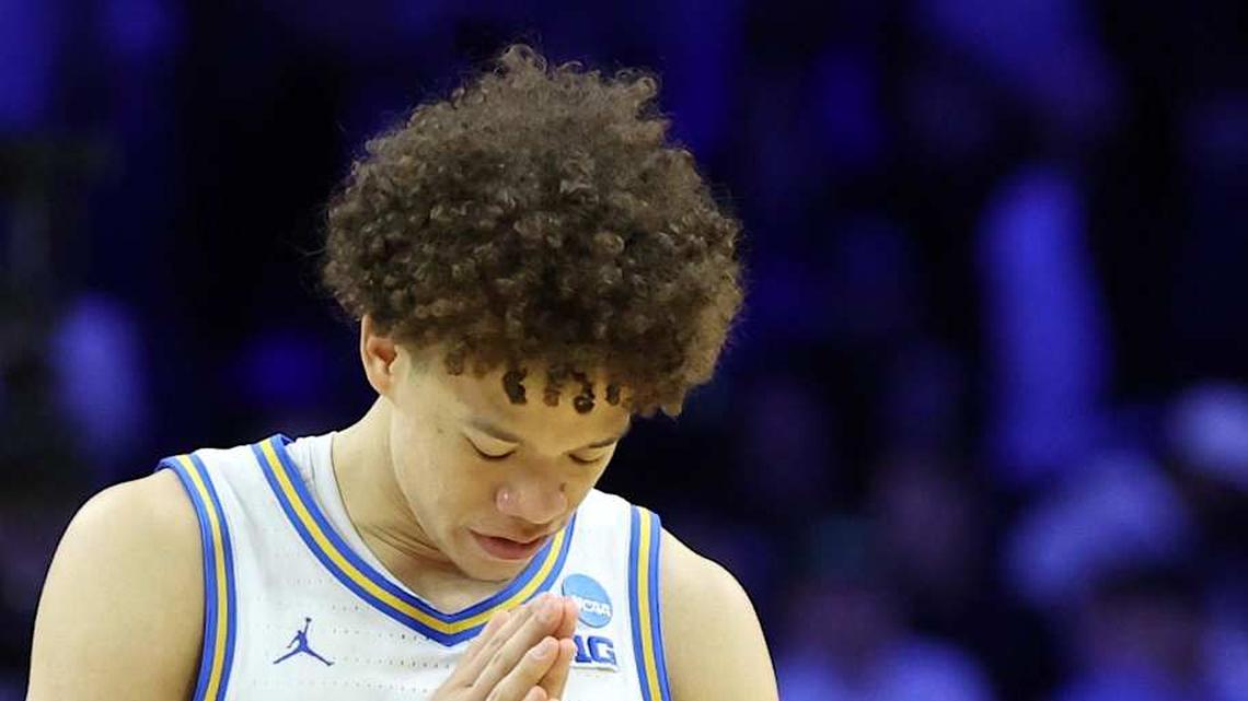  Mar 20, 2026; Philadelphia, PA, USA; UCLA Bruins guard Trent Perry (0) reacts after defeating the UCF Knights during a first round game of the men's 2026 NCAA Tournament at Xfinity Mobile Arena. Mandatory Credit: Bill Streicher-Imagn Images | Bill Streicher-Imagn Images 