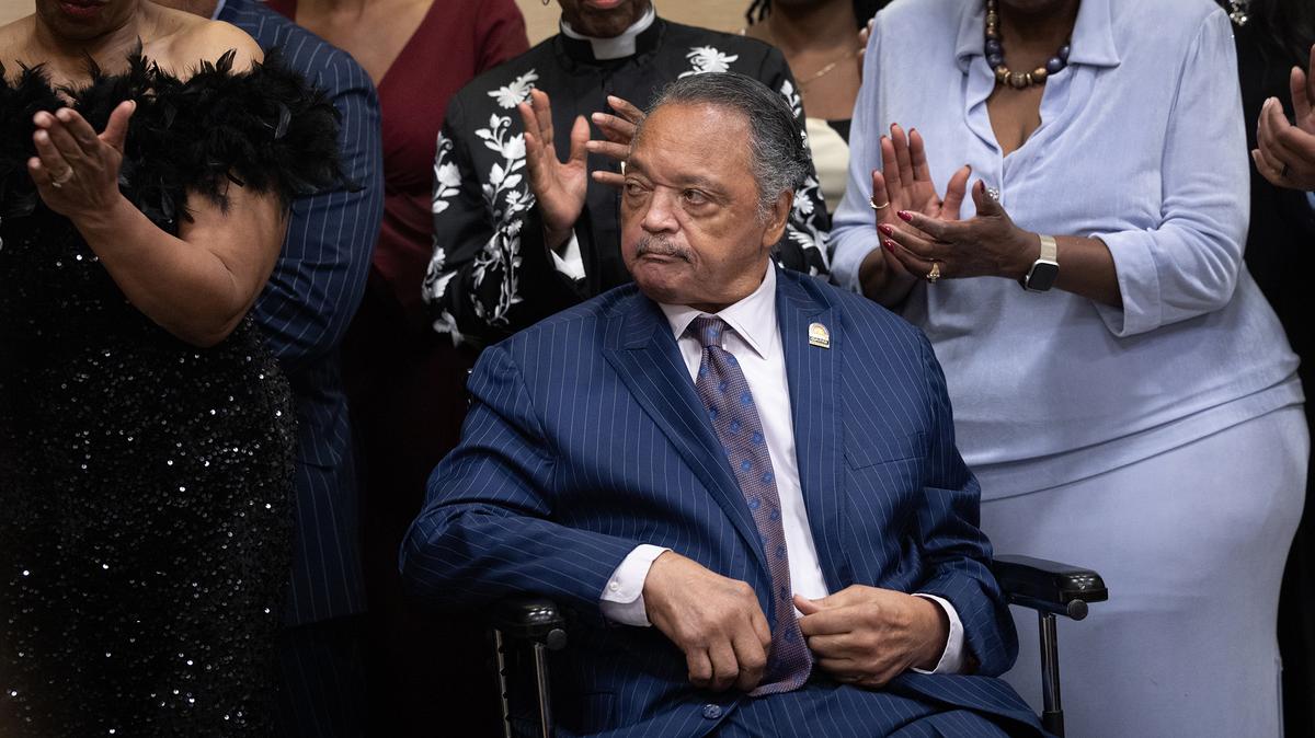Civil Rights leader Rev. Jesse Jackson visits with guests at the National Bar Association's annual convention on July 31, 2025, in Chicago, Illinois. 