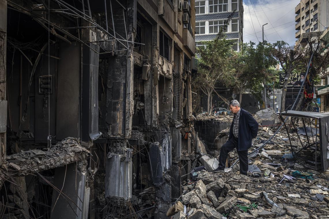 A man surveys the wreckage left by Israeli airstrikes in Dahiyeh, the suburb south of Beirut, Lebanon, on Monday, April 20, 2026. Joseph Aoun, the Lebanese president, said that he had appointed Simon Karam, a former ambassador to the United States, to lead talks with Israel aimed at ending the war and achieving a complete Israeli withdrawal from southern Lebanon. (Diego Ibarra Sánchez/The New York Times)