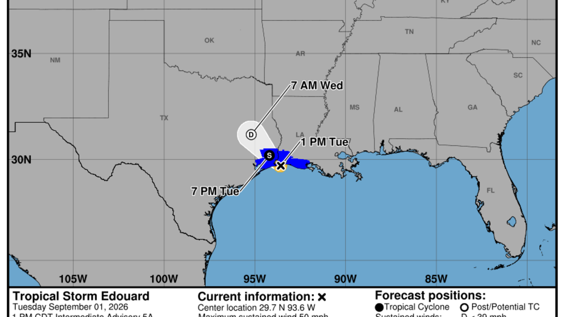 Latest update from the NHC on Tropical Storm Edouard for Tuesday, Sept. 1 