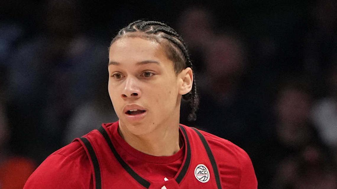  Mar 12, 2026; Charlotte, NC, USA; NC State Wolfpack guard Matt Able (3) brings the ball up the court in the first half at Spectrum Center. Mandatory Credit: Bob Donnan-Imagn Images | Bob Donnan-Imagn Images 