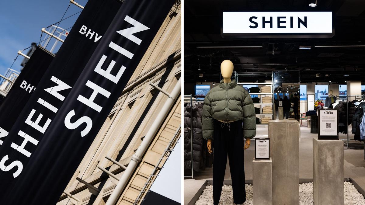 Shein signage on the facade of the Bazar de l'Hotel de Ville (BHV) department store in Paris in November 2025 and a clothing display inside. 