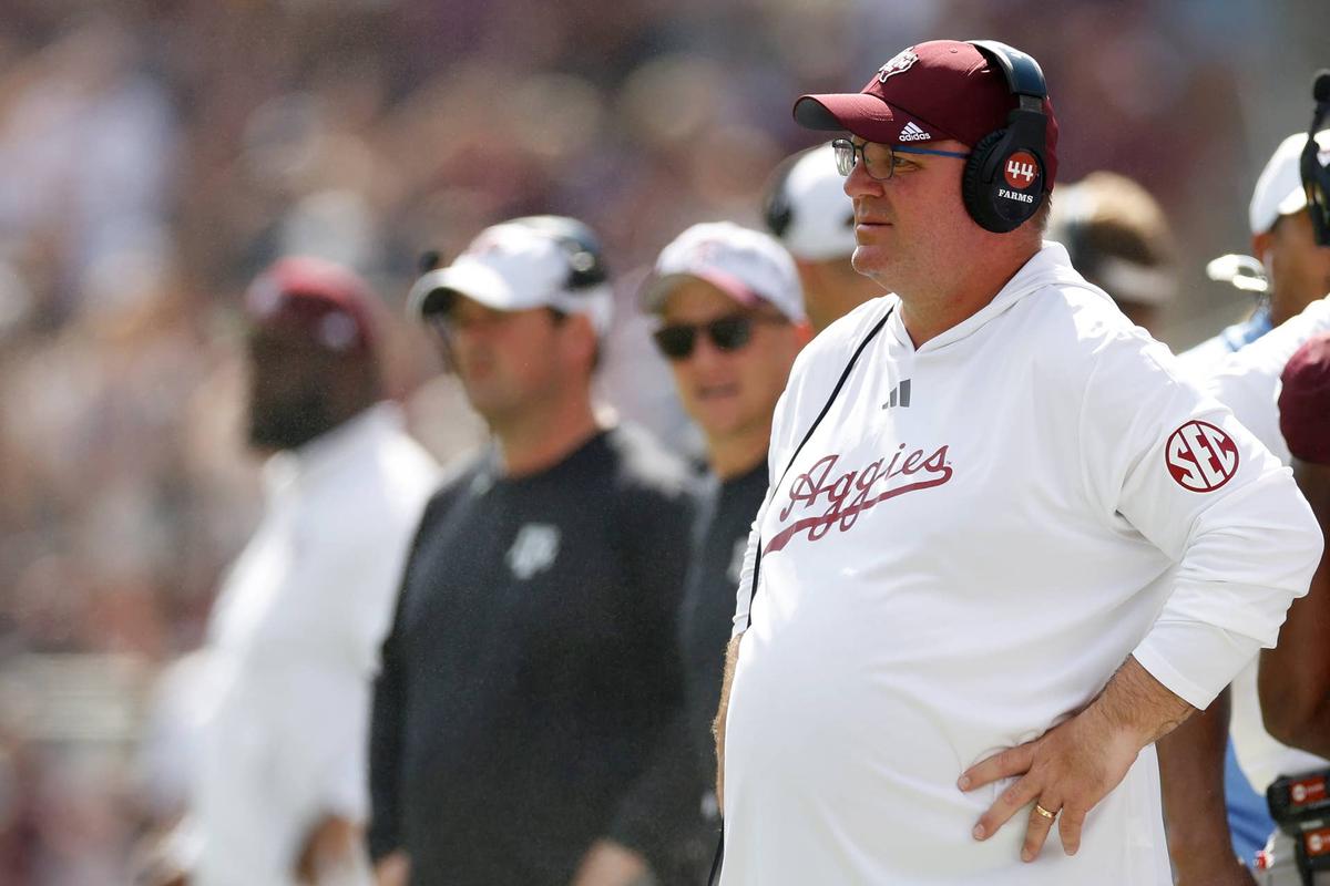  COLLEGE STATION, TEXAS - OCTOBER 05: Head coach Mike Elko of the Texas A&M Aggies watches from the sideline in the first half against the Missouri Tigers at Kyle Field on October 05, 2024 in College Station, Texas. (Photo by Tim Warner/Getty Images) 