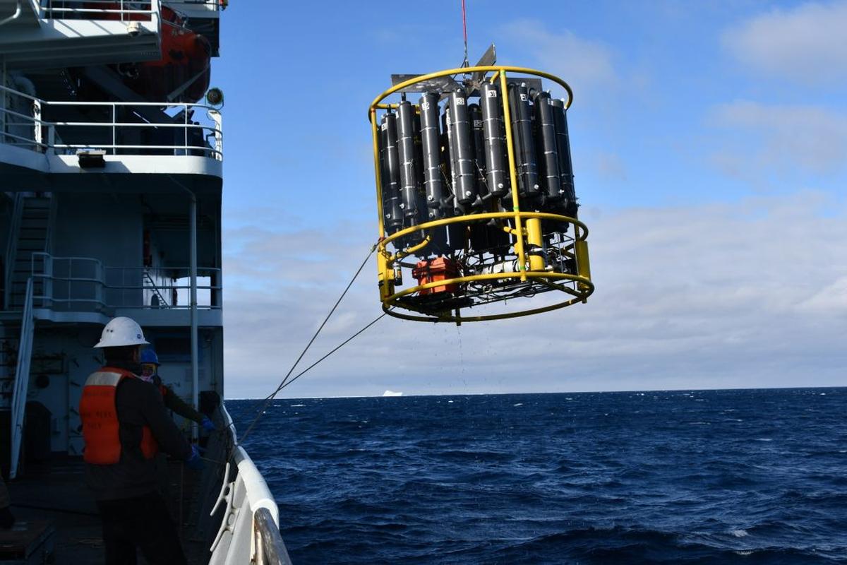  Water monitoring sensors being deployed over the side of a ship as part of long-term international ocean monitoring program. (Laura Cimoli via SWNS) 