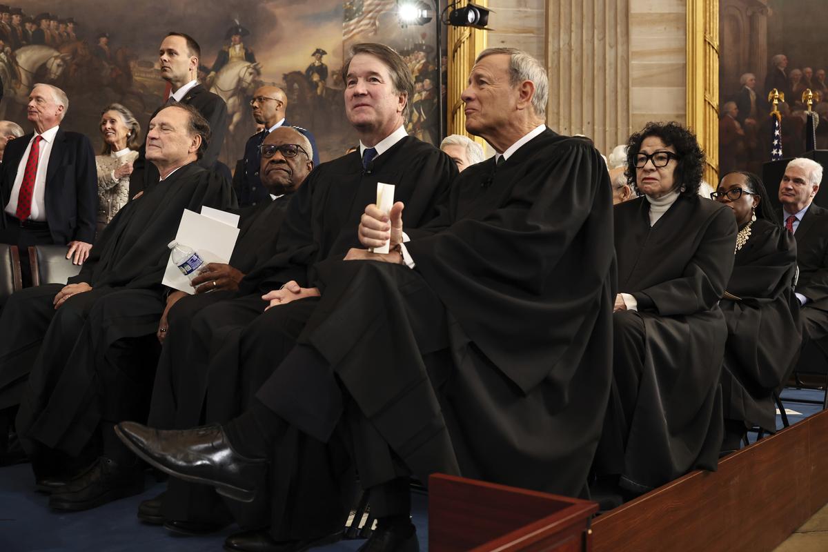  U.S. Associate Supreme Court Justice Samuel Alito, Jr., U.S. Associate Supreme Court Justice Clarence Thomas, U.S. Supreme Court Associate Justice Brett Kavanaugh and U.S. Supreme Court Chief Justice John Roberts attend President Donald Trump’s inauguration ceremonies in the Rotunda of the U.S. Capitol on January 20, 2025 in Washington, DC. (AP Images) 