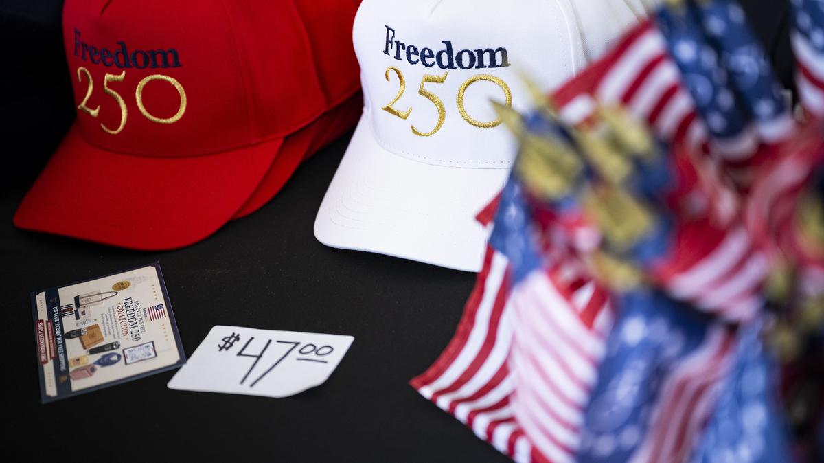 Freedom250 hats and other souvenirs are seen for sale, during Rededicate 250: A National Jubilee of Prayer, Praise and Thanksgiving, on the National Mall, on May 17, 2026, in Washington, D.C. (Graeme Sloan/Getty Images/TNS)