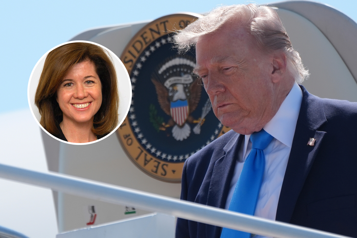  President Donald Trump walks off Air Force One, Wednesday, May 20, 2026, on arrival to Groton-New London Airport, in Groton, Conn., en route to speak at the U.S. Coast Guard Academy commencement. Inset: Senate Parliamentarian Elizabeth MacDonough. (AP Photo/Official Portrait) 