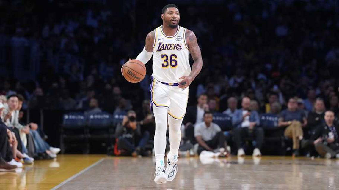  Apr 12, 2026; Los Angeles, California; Los Angeles Lakers guard Marcus Smart (36) dribbles the ball against the Utah Jazz in the second half at Crypto.com Arena. | Kirby Lee-Imagn Images 