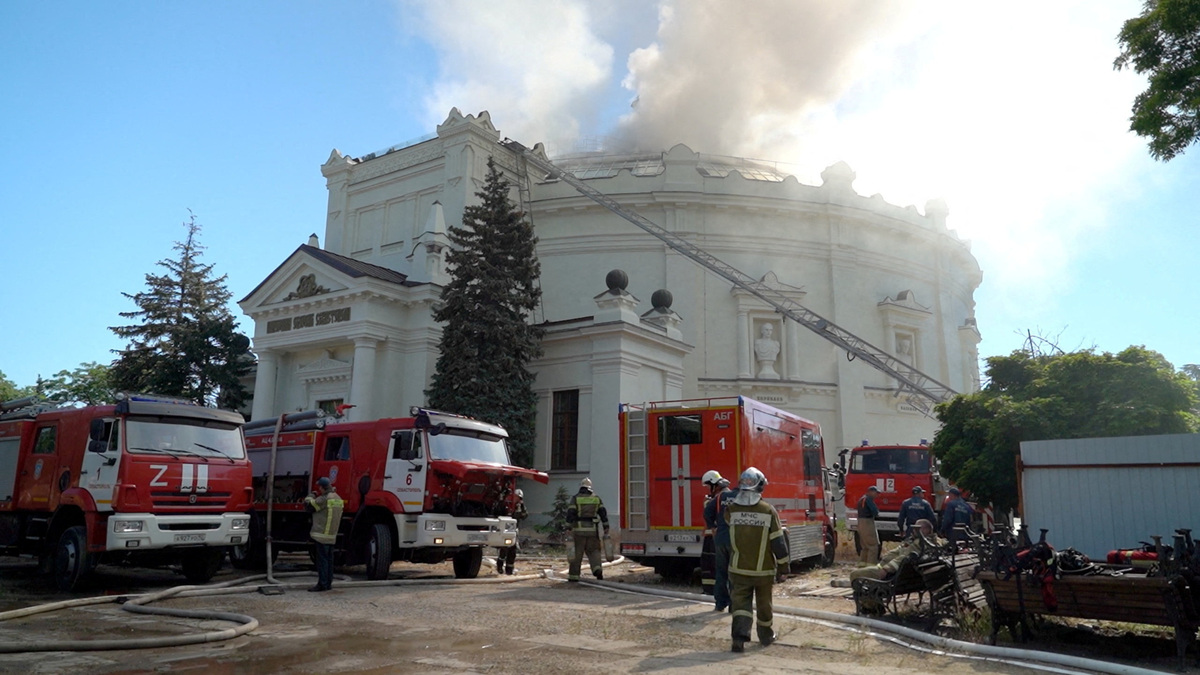 Firefighters extinguish a fire at the "Panorama of the Defence of Sevastopol" museum, which, according to local authorities, was damaged in a Ukrainian drone attack in the course of Russia-Ukraine conflict in Sevastopol, Crimea, in this still image taken from video footage released on June 10, 2026. Government of Sevastopol/Handout via REUTERS