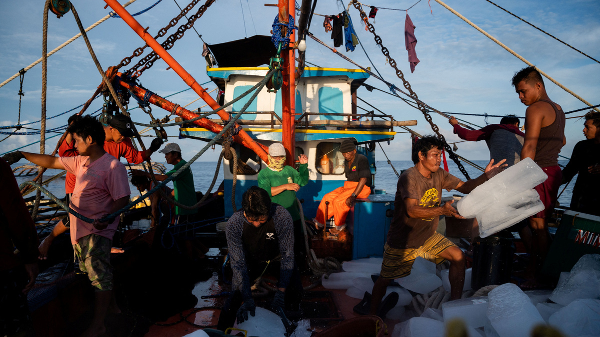 Filipino fishemen prepare ice during a trip near the disputed Scarborough Shoal, in Masinloc, Zambales province, Philippines, July 18, 2022.  REUTERS/Lisa Marie David