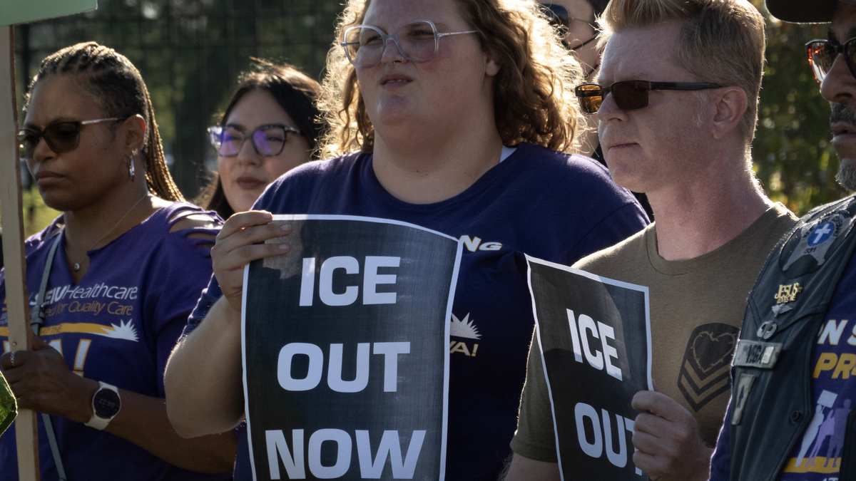 A small group of veterans, healthcare workers and supporters, gather outside the Edward Hines, Jr. VA Hospital in protest of Immigration and Customs Enforcement (ICE), who are using part of the facility to facilitate Operation Midway Blitz, on Sept. 15, 2025, in Hines, Illinois. (Scott Olson/Getty Images/TNS)