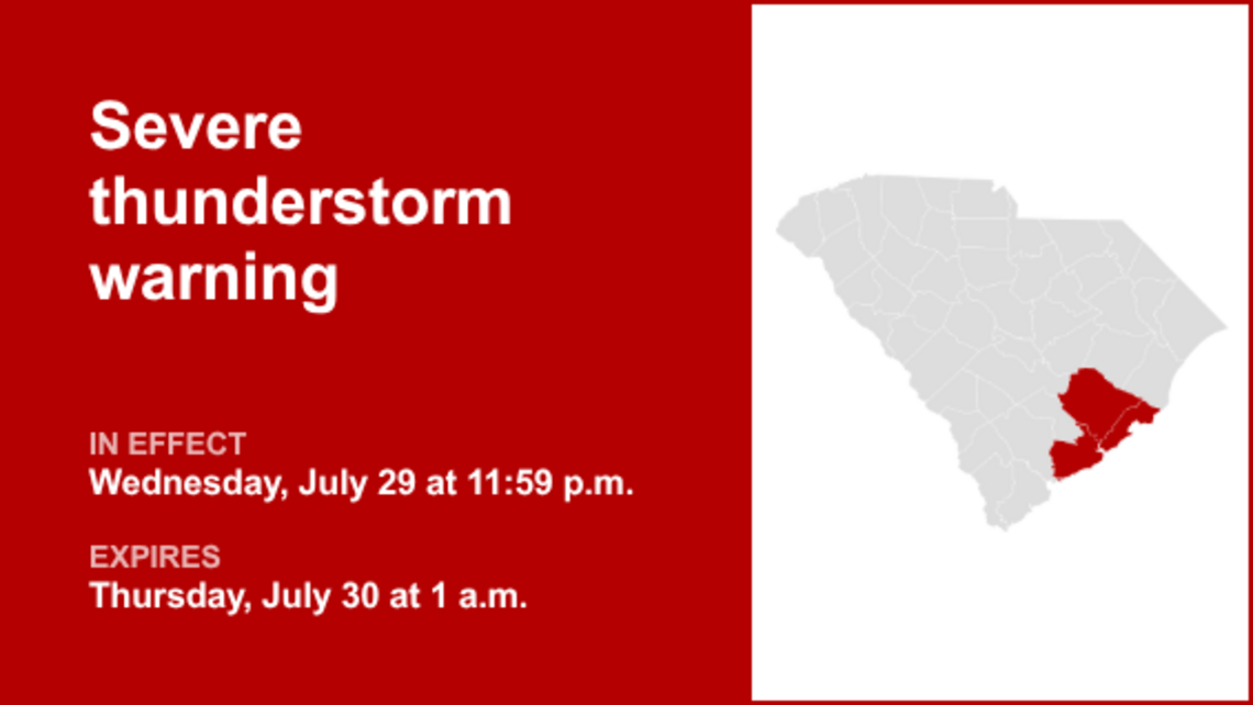 Severe thunderstorm warning for Berkeley and Charleston counties until 1 a.m. Thursday 