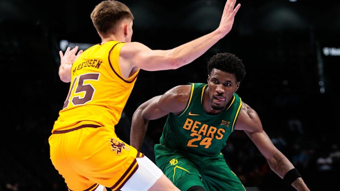  Mar 10, 2026; Kansas City, MO, USA; Baylor Bears guard Tounde Yessoufou (24) drives against Arizona State Sun Devils guard Noah Meeusen (15) during the second half at T-Mobile Center. Mandatory Credit: William Purnell-Imagn Images | William Purnell-Imagn Images 