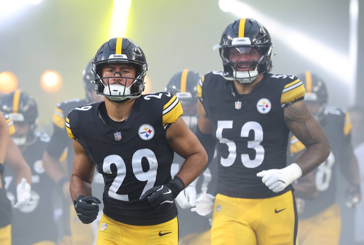  Aug 16, 2025; Pittsburgh, Pennsylvania, USA; Pittsburgh Steelers safety Sebastian Castro (29) and linebacker Eku Leota (53) take the field against the Tampa Bay Buccaneers at Acrisure Stadium. Mandatory Credit: Charles LeClaire-Imagn Images