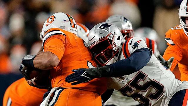  Dec 24, 2023; Denver, Colorado, USA; Denver Broncos quarterback Russell Wilson (3) is sacked by New England Patriots linebacker Josh Uche (55) as offensive tackle Mike McGlinchey (69) defends in the third quarter at Empower Field at Mile High. Mandatory Credit: Isaiah J. Downing-Imagn Images | Isaiah J. Downing-Imagn Images 