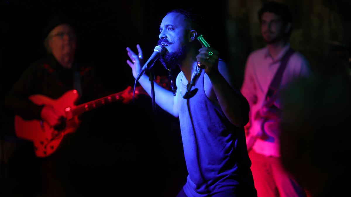 Aki Kumar, of San Jose, performs during the blues jam at Lounge 3411 in Oakland, Calif., on Saturday, Dec. 28, 2024. (Jane Tyska/Bay Area News Group)