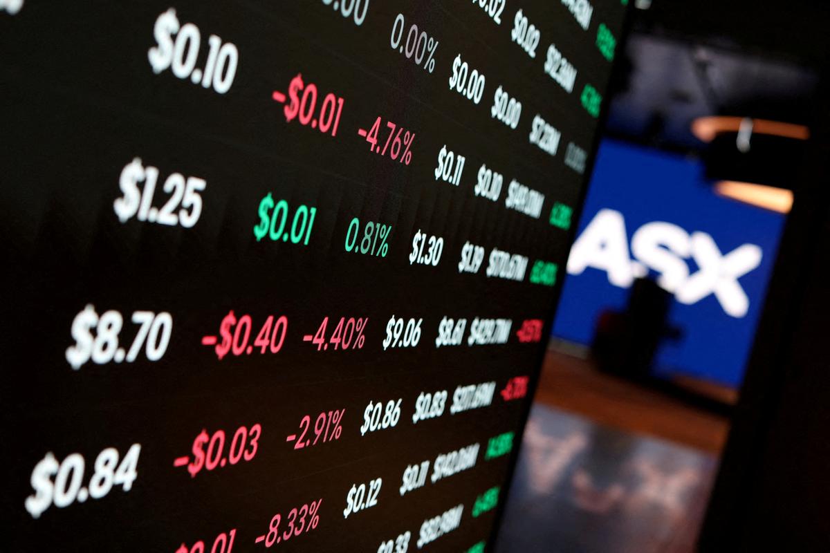 FILE PHOTO: FILE PHOTO: Stock prices are displayed on a market board at the Australian Securities Exchange in Sydney, Australia, April 22, 2026. REUTERS/Hollie Adams/File Photo/File Photo