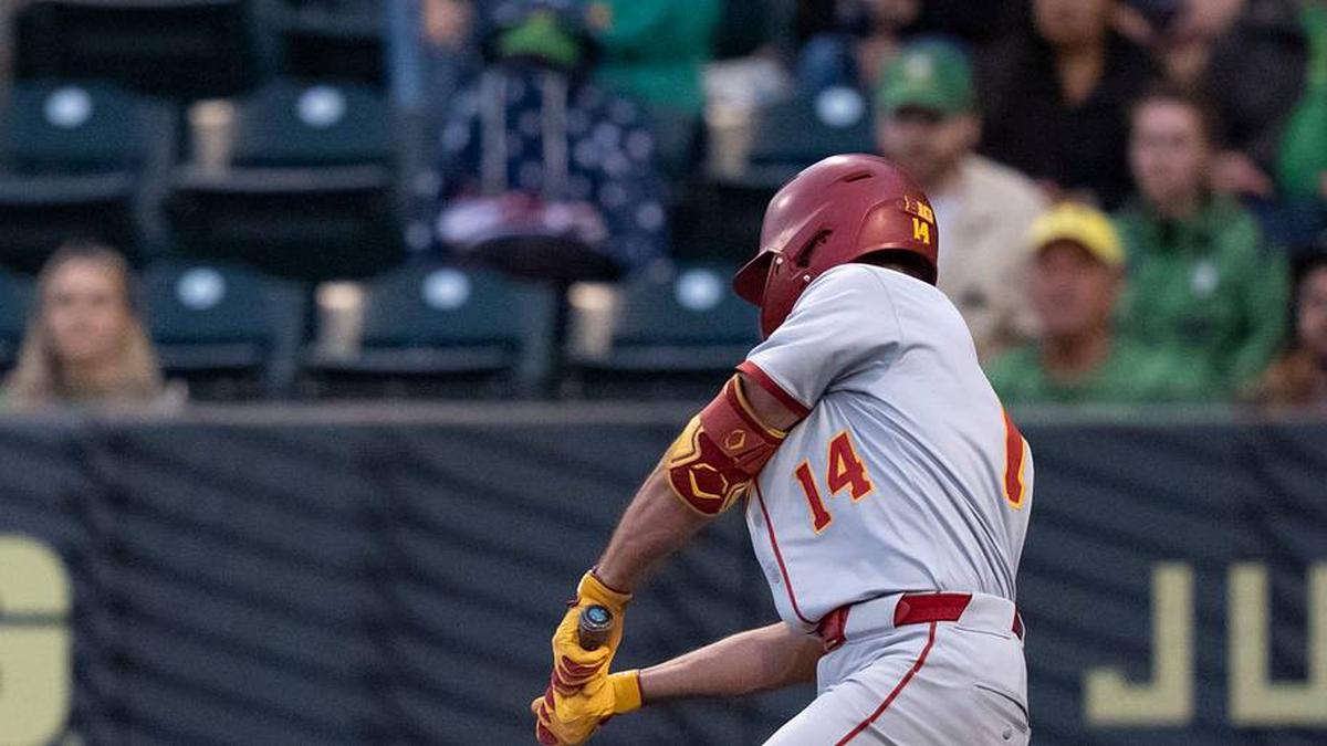  USC outfielder Jack Basseer hits a single as the Oregon Ducks host the USC Trojans on May 14, 2026, in Eugene, Oregon. | Ben Lonergan/The Register-Guard / USA TODAY NETWORK via Imagn Images 