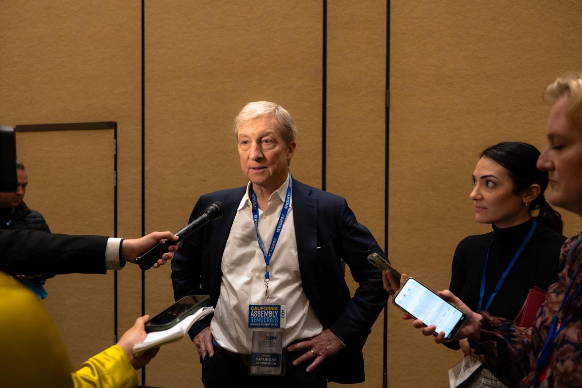 FILE -- Tom Steyer, a candidate in the primary for governor of California, talks to reporters during the state's Democratic convention in San Francisco, Feb. 21, 2026. Social media stars have become a magnet for campaigns and political groups that want to push priorities without disclosing where their money is going. (Mike Kai Chen/The New York Times)