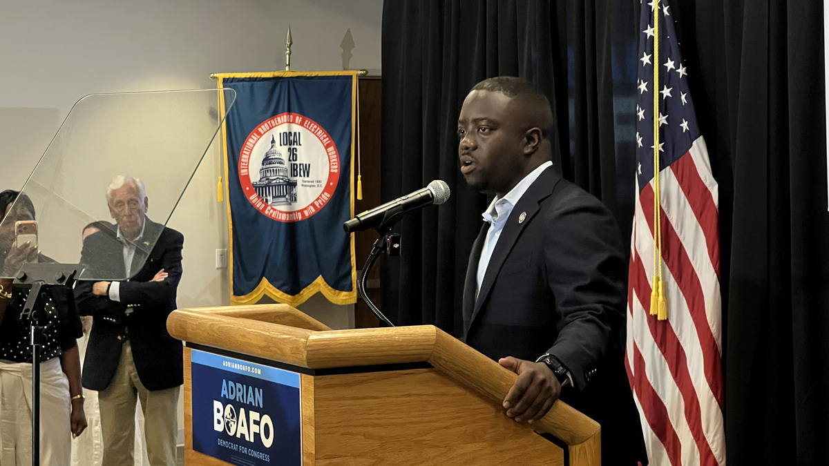 Prince George’s County Del. Adrian Boafo speaks at his Lanham, Md., watch party after securing the Democratic nomination for Maryland’s 5th Congressional District on Tuesday, June 23, 2026. He emerged victorious in a crowded field of 23 candidates in the race to succeed retiring U.S. Rep. Steny Hoyer. (Mennatalla Ibrahim/The Baltimore Sun/TNS)