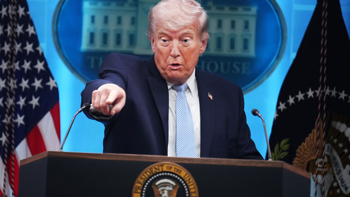 President Donald Trump conducts a news conference in the White House briefing room about the war in Iran on April 6, 2026, in Washington, D.C. (Tom Williams/CQ Roll Call/ZUMA Press/TNS)