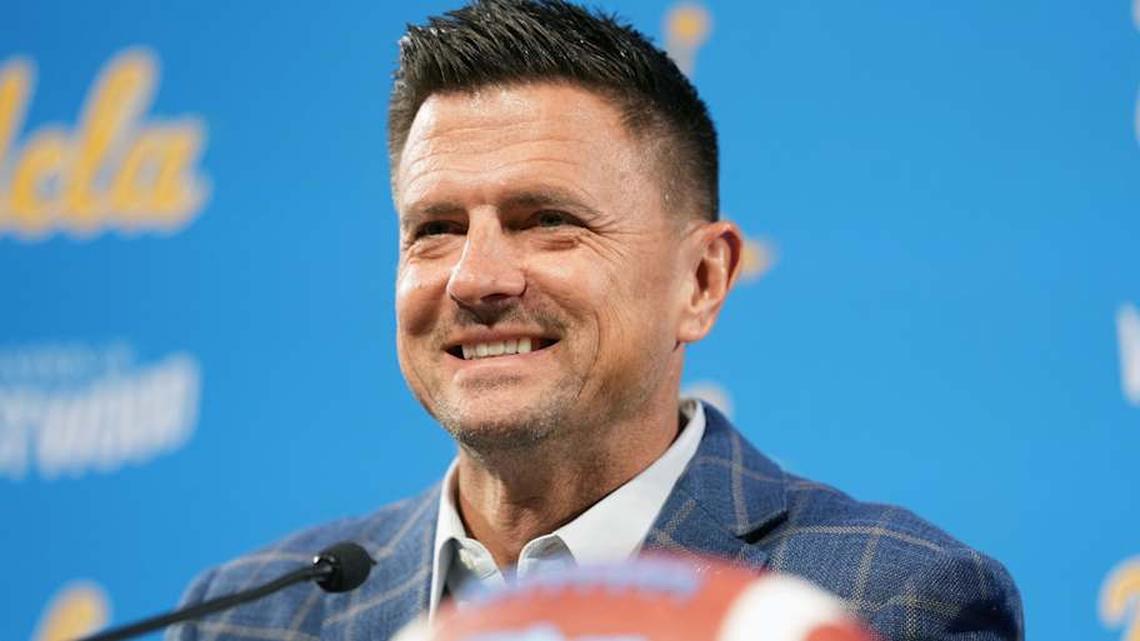  Dec 9, 2025; Los Angeles, CA, USA; Bob Chesney is introduced as UCLA Bruins football coach at press conference at Renee Luskin Conference Center Centennial Ballroom. Mandatory Credit: Kirby Lee-Imagn Images | Kirby Lee-Imagn Images 