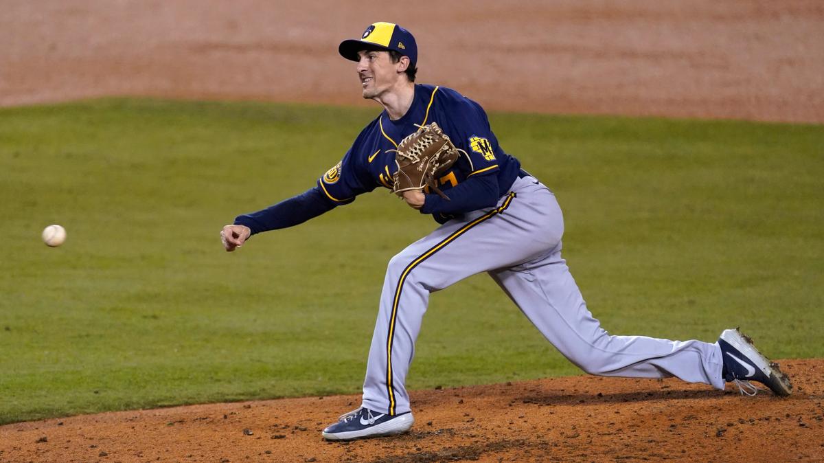 Milwaukee Brewers relief pitcher Eric Yardley throws to a Los Angeles Dodgers batter during the second inning in Game 1 of a National League wild-card baseball series Sept. 30 in Los Angeles.