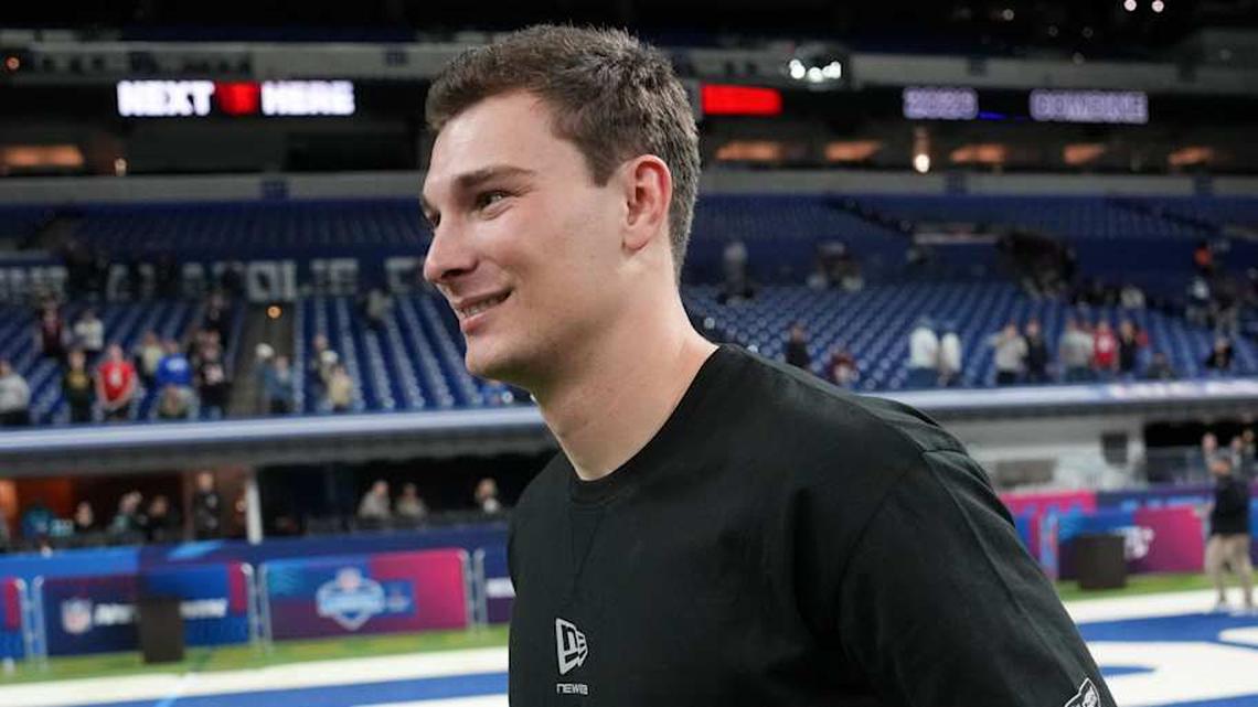  Feb 28, 2026; Indianapolis, IN, USA; Indiana quarterback Fernando Mendoza (QB11) looks on during the NFL Scouting Combine at Lucas Oil Stadium. Mandatory Credit: Kirby Lee-Imagn Images | Kirby Lee-Imagn Images 