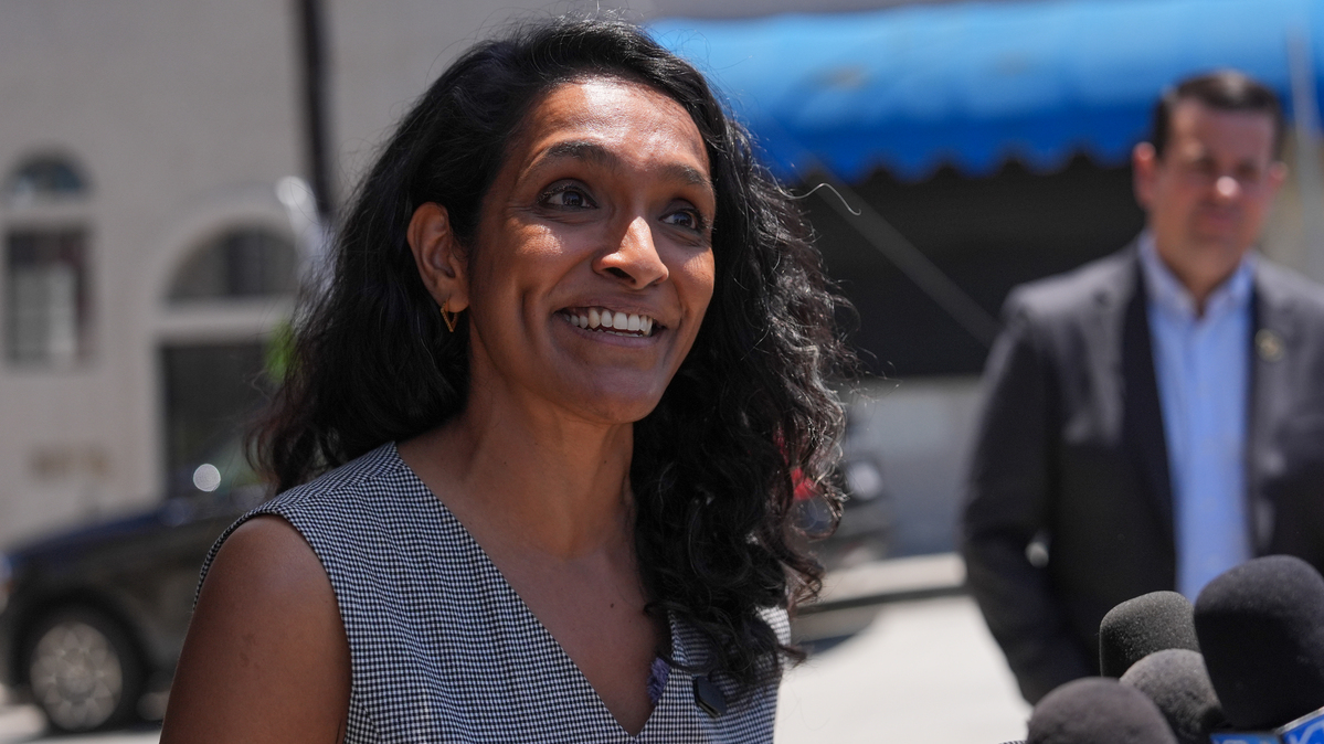 Nithya Raman. Los Angeles mayoral candidate Nithya Raman talks to reporters after a campaign event in Los Angeles, Monday, June 1, 2026.