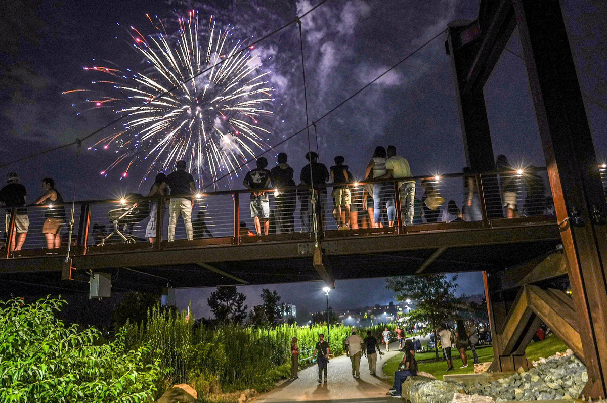 People watch as fireworks burst in the sky over Unity Park in Greenville, S.C., in 2025.