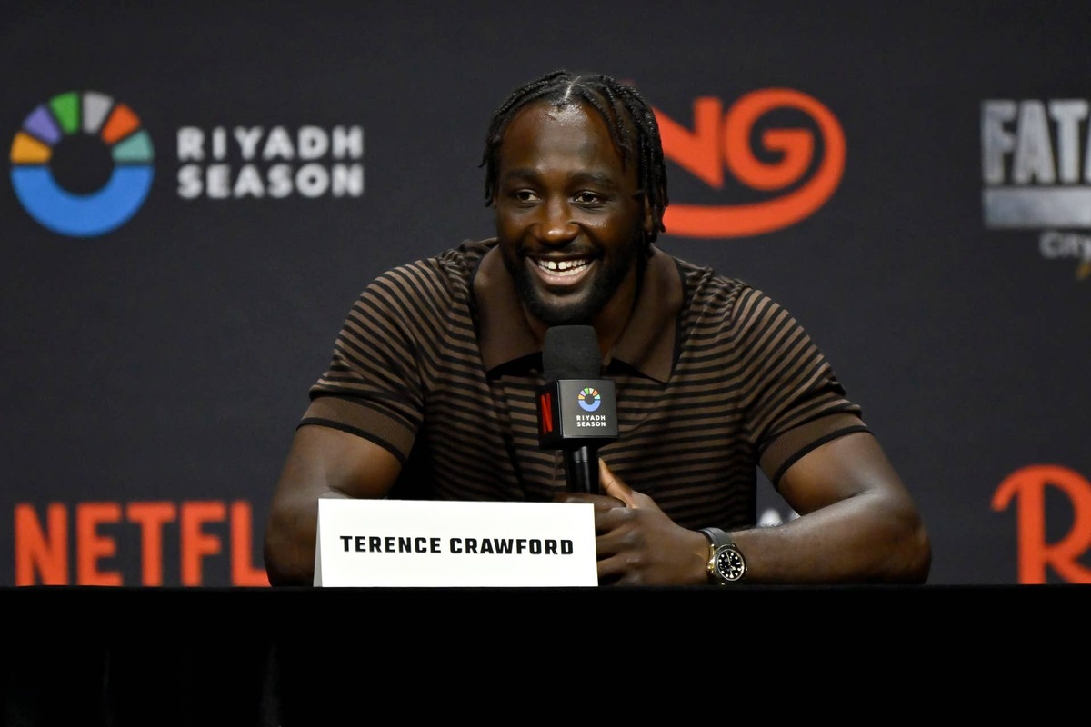  LAS VEGAS, NEVADA - JUNE 27: Terence Crawford speaks onstage during the Canelo Álvarez vs. Terence Crawford Las Vegas Press Conference at T-Mobile Arena on June 27, 2025 in Las Vegas, Nevada. (Photo by David Becker/Getty Images for Netflix) Terence Crawford / Getty Images