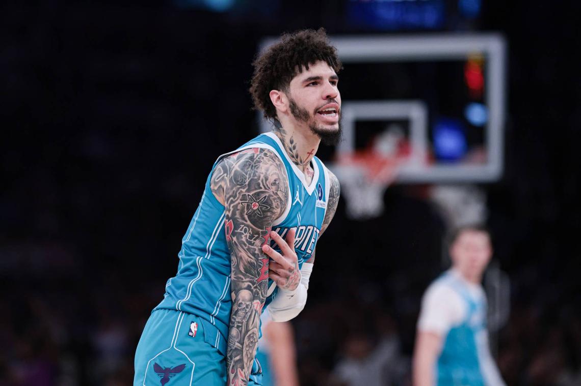  Charlotte Hornets guard LaMelo Ball reacts after a basket against the New York Knicks. Vincent Carchietta-Imagn Images