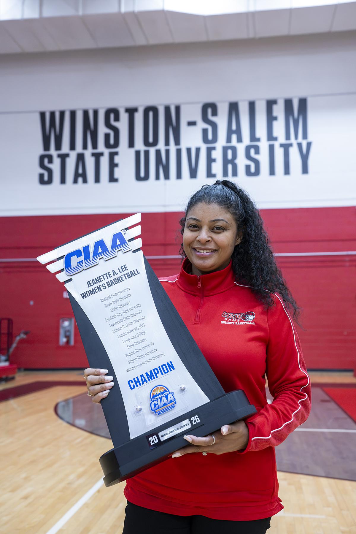  Tierra Terry holds WSSU’s first CIAA Tournament title in her hands. (WSSU photography)