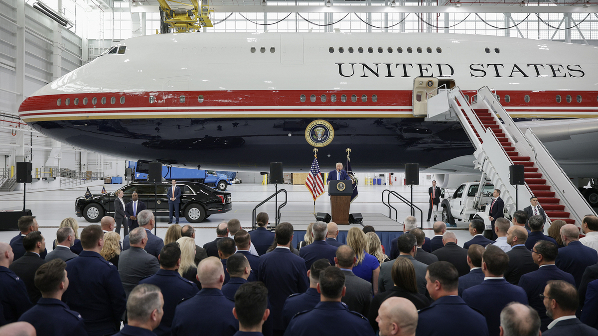 U.S. President Donald Trump delivers remarks after touring the newest aircraft in the presidential fleet at Andrews Air Force Base on June 19, 2026, at Joint Base Andrews, Maryland. The Qatari royal family gifted the lavish $400 million, 13-year-old Boeing 747-8 to the U.S. Air Force to be used as the new Air Force One. (Alex Wong/Getty Images/TNS)