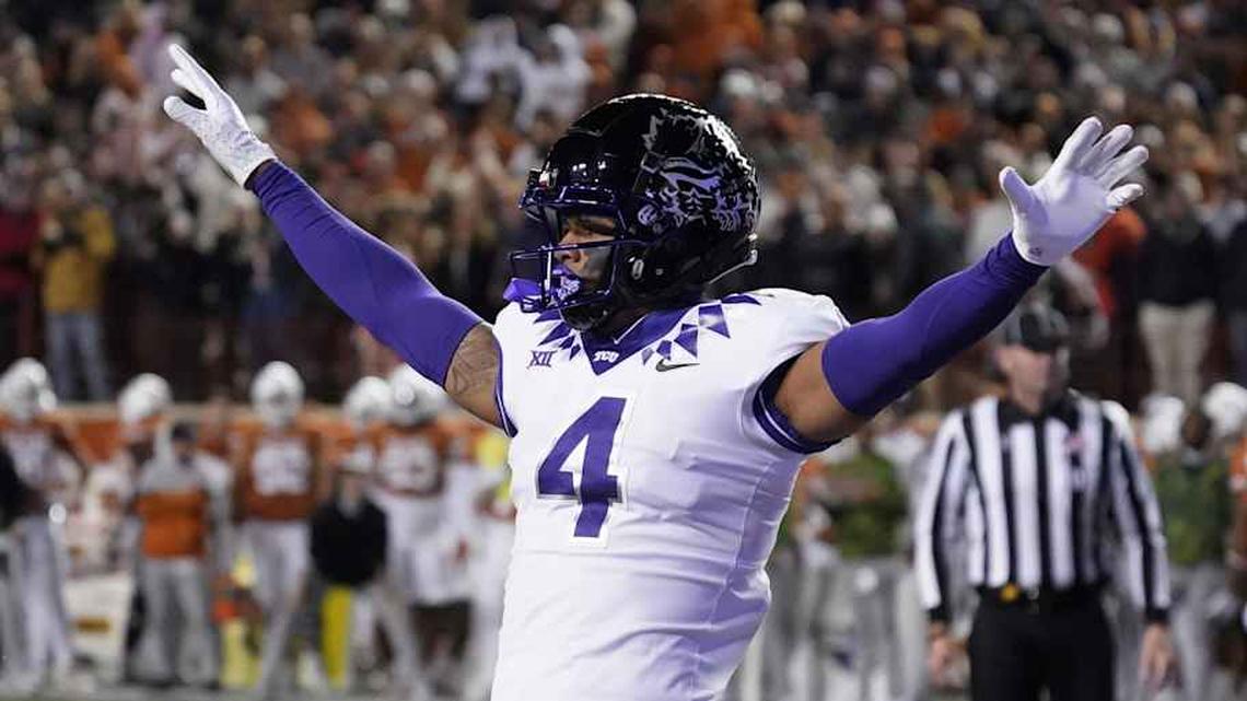  Nov 12, 2022; Austin, Texas, USA; Texas Christian Horned Frogs safety Namdi Obiazor (4) reacts after breaking up a pass against the Texas Longhorns during the second half at Darrell K Royal-Texas Memorial Stadium. Mandatory Credit: Scott Wachter-Imagn Images | Scott Wachter-Imagn Images 
