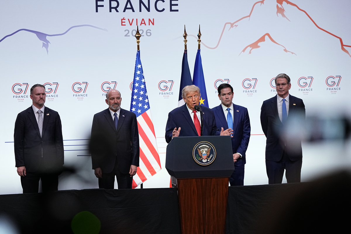 President Donald Trump speaks to reporters at a news conference at the G7 Summit in Evian-les-Bains, France, on Wednesday, June 17, 2026. He is joined by, from left: Jamieson Greer, the U.S. trade representative; Commerce Secretary Howard Lutnick; Secretary of State Marco Rubio; and Treasury Secretary Scott Bessent. (Haiyun Jiang/The New York Times)