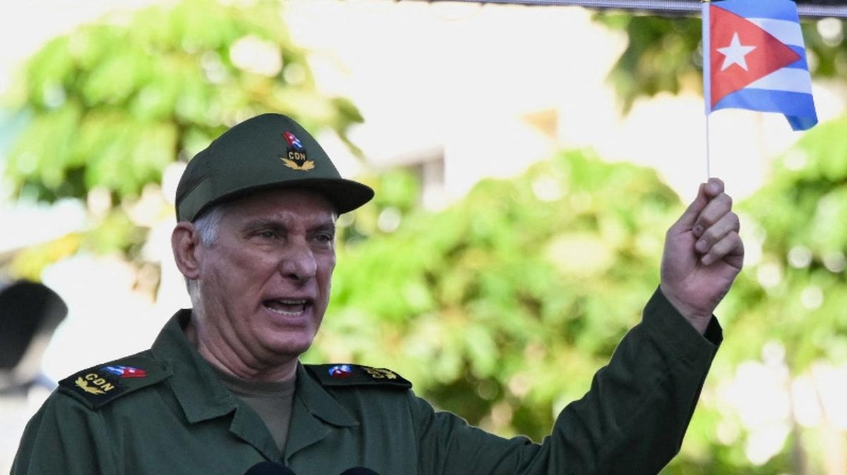 Cuban President Miguel Diaz-Canel speaks during a ceremony to mark the 65th anniversary of the declaration of the socialist character of the Cuban Revolution in Havana, Cuba April 16, 2026. REUTERS/Norlys Perez