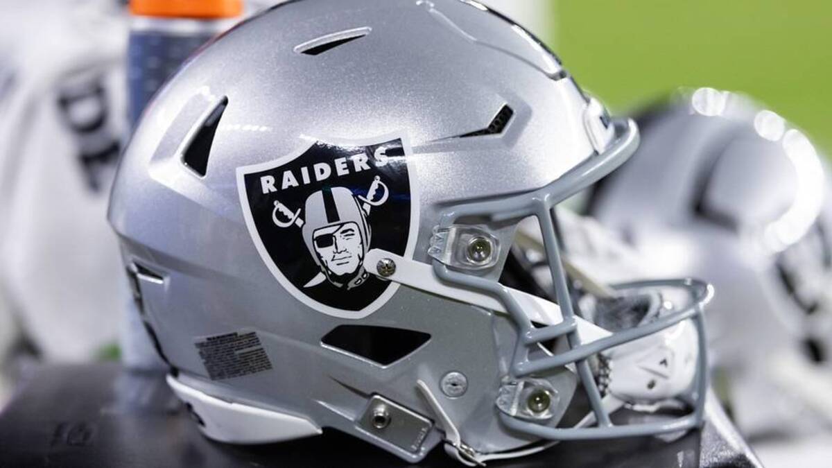 Aug 23, 2025; Glendale, Arizona, USA; Detailed view of a Las Vegas Raiders helmet during a preseason NFL game at State Farm Stadium. Mandatory Credit: Mark J. Rebilas-Imagn Images | Mark J. Rebilas-Imagn Images 