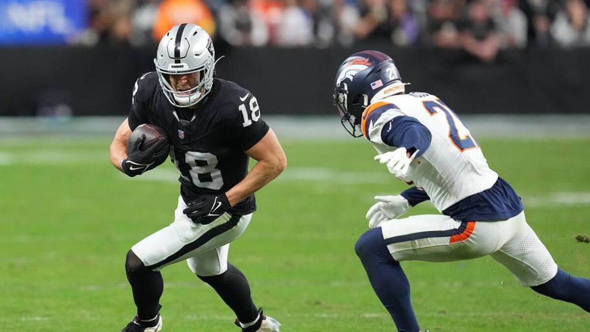  Dec 7, 2025; Paradise, Nevada, USA; Las Vegas Raiders wide receiver Jack Bech (18) runs after the catch against the Denver Broncos during the second half at Allegiant Stadium. Mandatory Credit: Stephen R. Sylvanie-Imagn Images | Stephen R. Sylvanie-Imagn Images 
