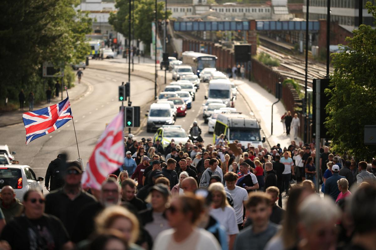 Demonstrators gather to protest following the conviction of Vikrum Digwa for the murder of student Henry Nowak, in Southampton, Britain, June 2, 2026. REUTERS/Isabel Infantes