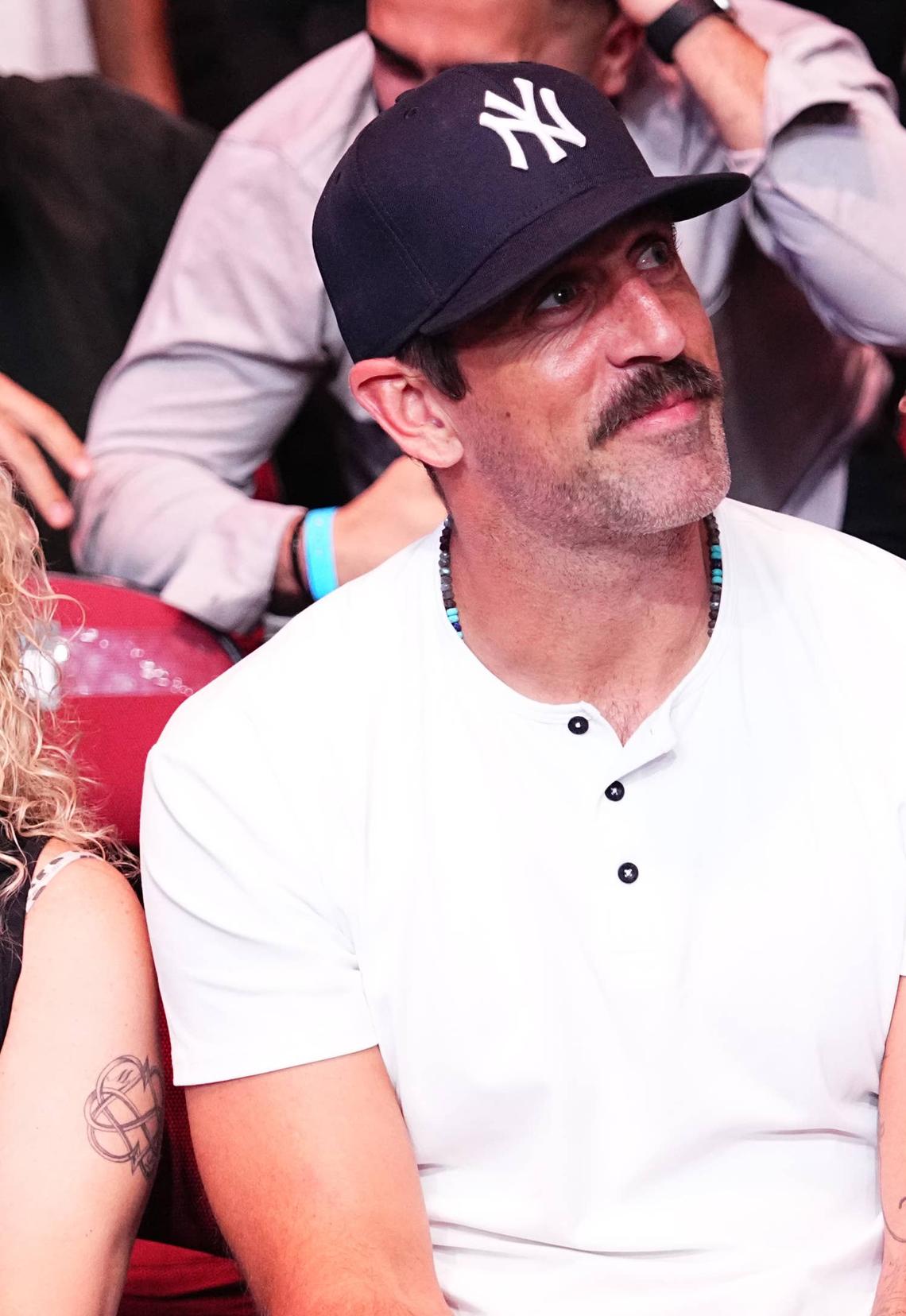  NEWARK, NEW JERSEY - JUNE 01: Aaron Rodgers is seen in attendance during the UFC 302 event at Prudential Center on June 01, 2024 in Newark, New Jersey. (Photo by Jeff Bottari/Zuffa LLC via Getty Images) 