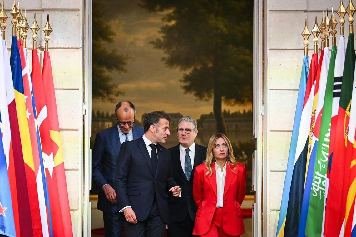  From left, German Chancellor Friedrich Merz, French President Emmanuel Macron, Britain Prime Minister Keir Starmer and Italian Prime Minister Giorgia Meloni at the Elysee Presidential Palace in Paris on April 17, 2026. Jeanne Accorsini/AFP via Getty Images 