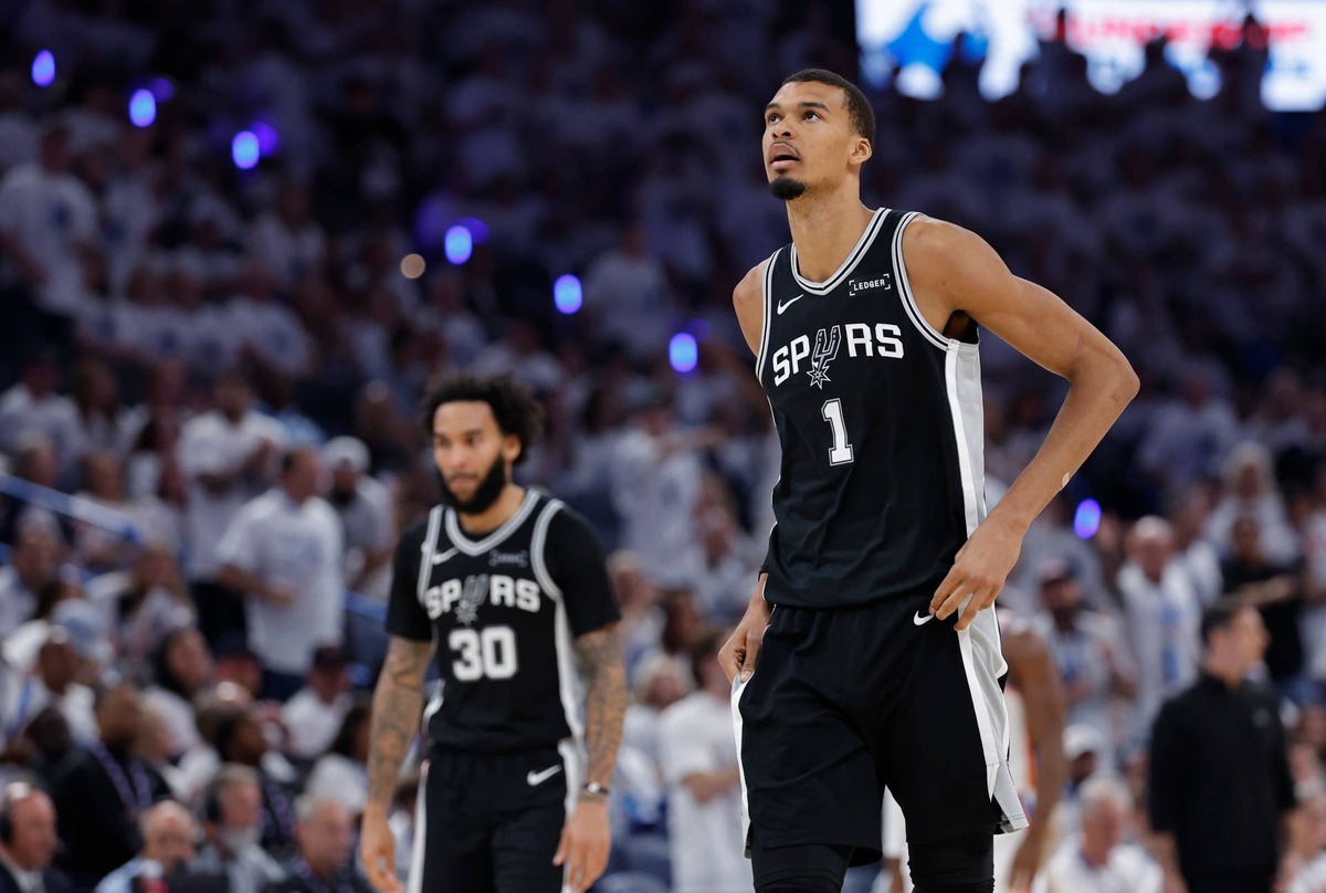  May 26, 2026; Oklahoma City, Oklahoma, USA; San Antonio Spurs forward Victor Wembanyama (1) reacts after a play during the third quarter against the Oklahoma City Thunder in game five of the western conference finals for the 2026 NBA playoffs at Paycom Center. Mandatory Credit: Alonzo Adams-Imagn Images 