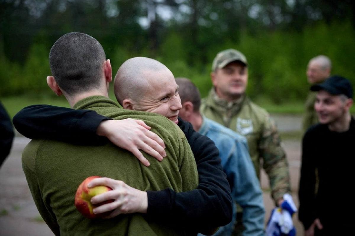 Ukrainian prisoners of war (POWs) after a swap, amid Russia's attack on Ukraine, at an unknown location in Ukraine, in this handout picture released May 15, 2026. Ukraine's President Volodymyr Zelenskiy via Telegram/Handout via REUTERS